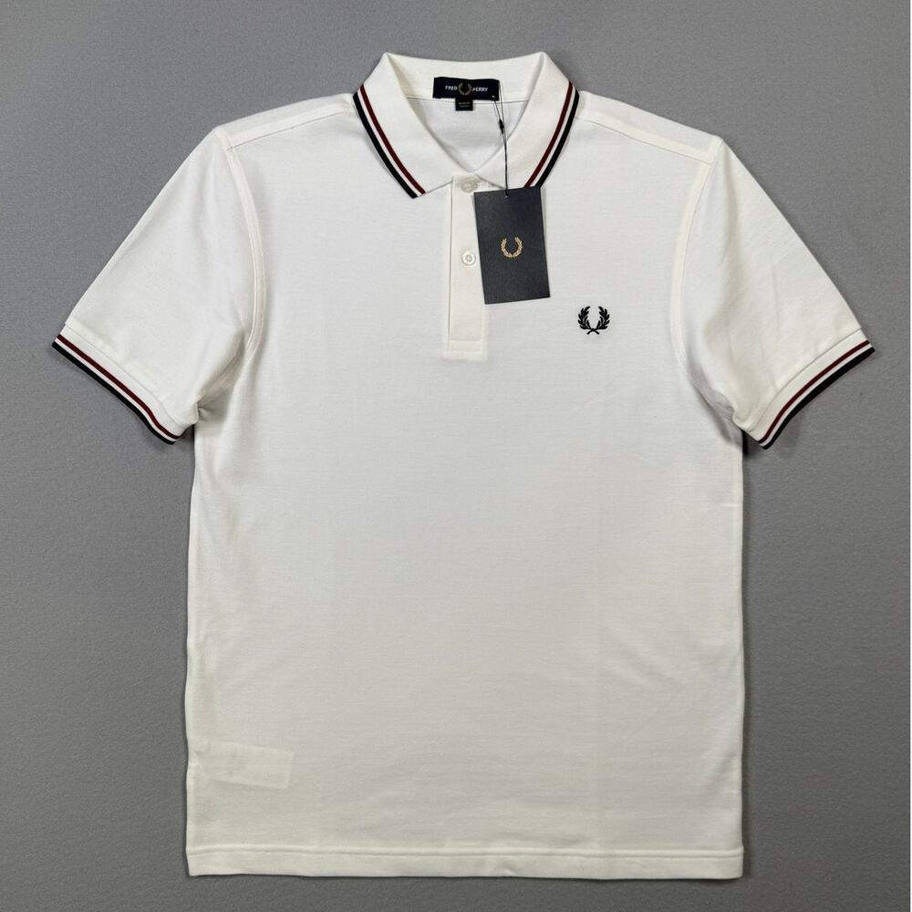 Fred Perry Short Sleeve Slim Fit Twin Tipped Polo Shirt, White Medium $110